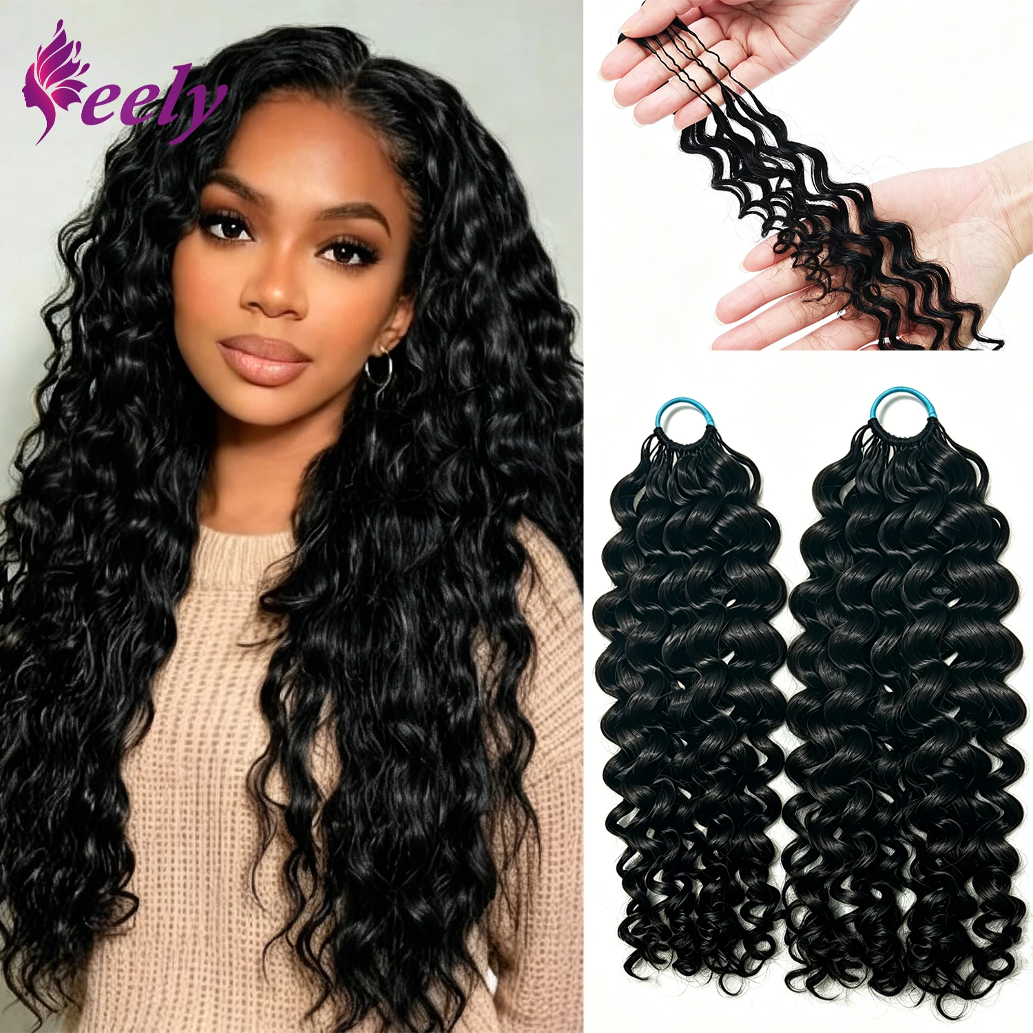 

Deep Wave Human Hair Crochet Bundles Pre-Separated Curly Feather Crochet Human Hair Invisible Knotless Crochet Hair Extensions