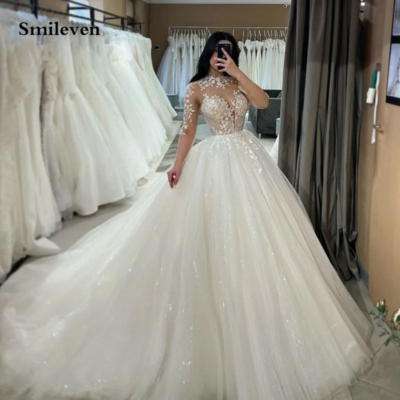 Smileven-vestidos de novia de encaje de manga larga, línea A, cuello alto, apliques brillantes, vestidos de novia de tul con purpurina, 2024