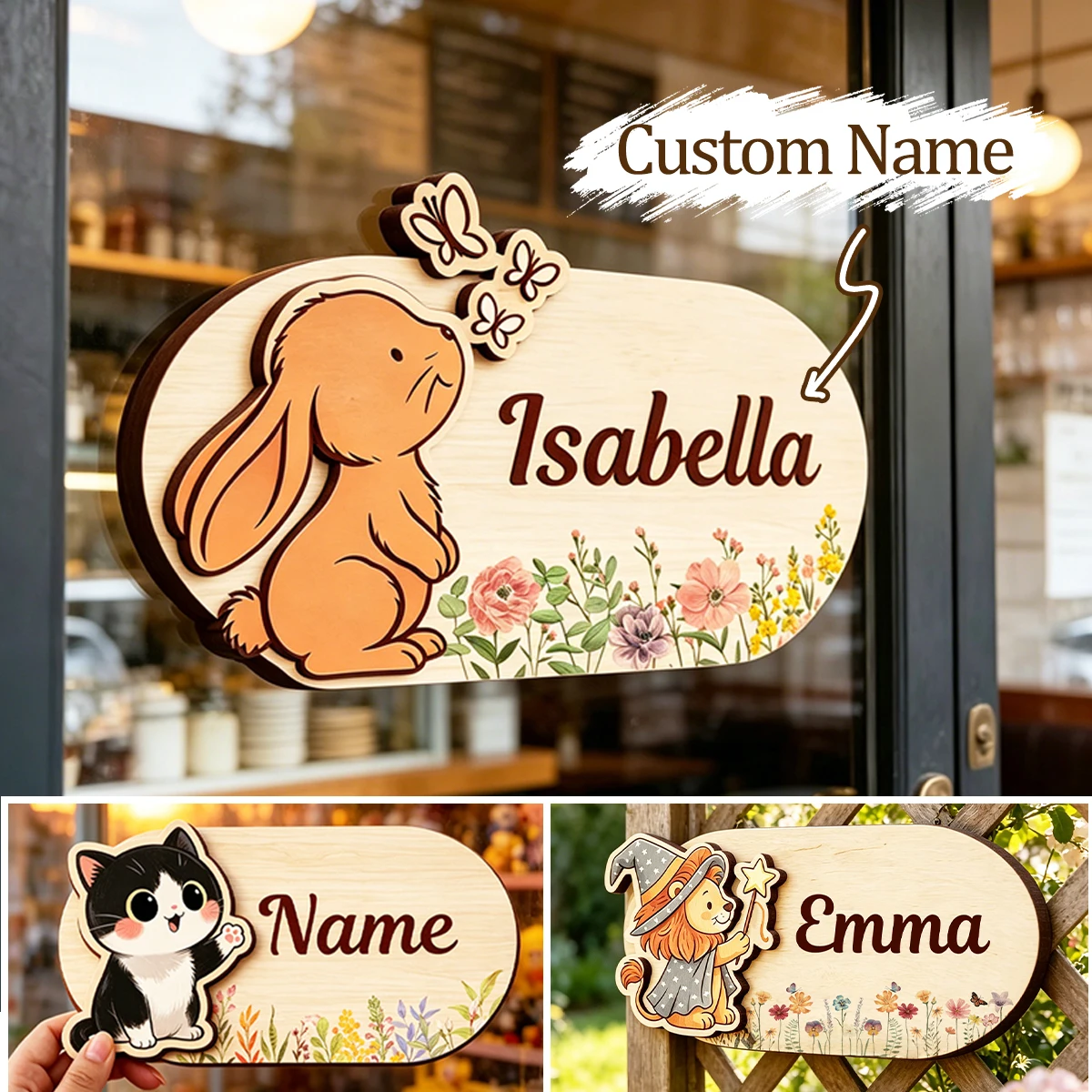 Custom Cartoon Animal Wooden Name Sign,Personalized Kids Door Name Plaque, 3D Layered Wood Wall Hanger.
