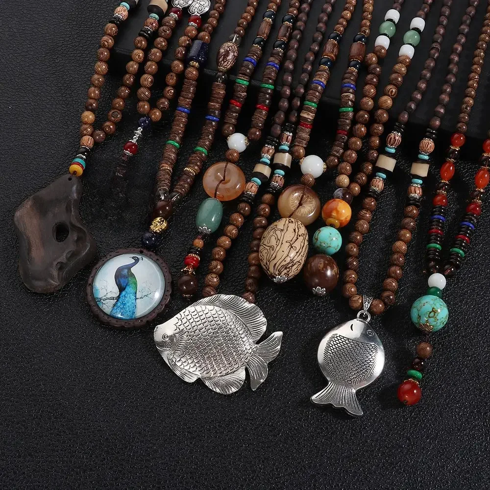 Collier ethnique de style hippicopter Boho, fait à la main, bouddhiste Mala, perles en bois, pendentif long, bijoux pour hommes et femmes