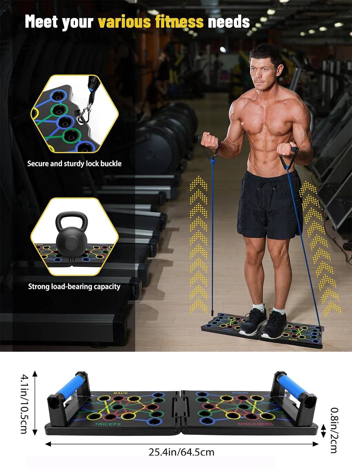 Faltbares Push-Up-Board mit Widerstandsbändern, multifunktionales farbiges Pushup-Bar-System, tragbares Heim-Fitnessgerät für Brust-, Schulter-, Trizeps- und Rückentraining