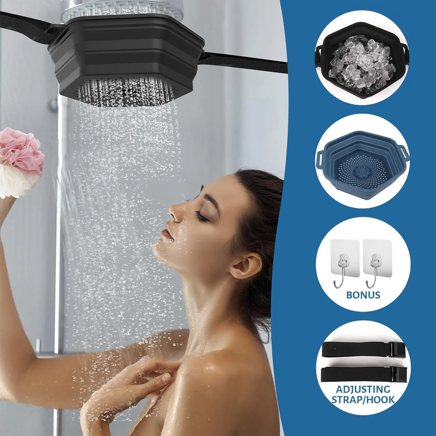 Silicone Foldable Ice Bath Basin, Rapid Cooling Water Shower Attachment,Hanging Under Shower Head Ice Barrel for Bathing