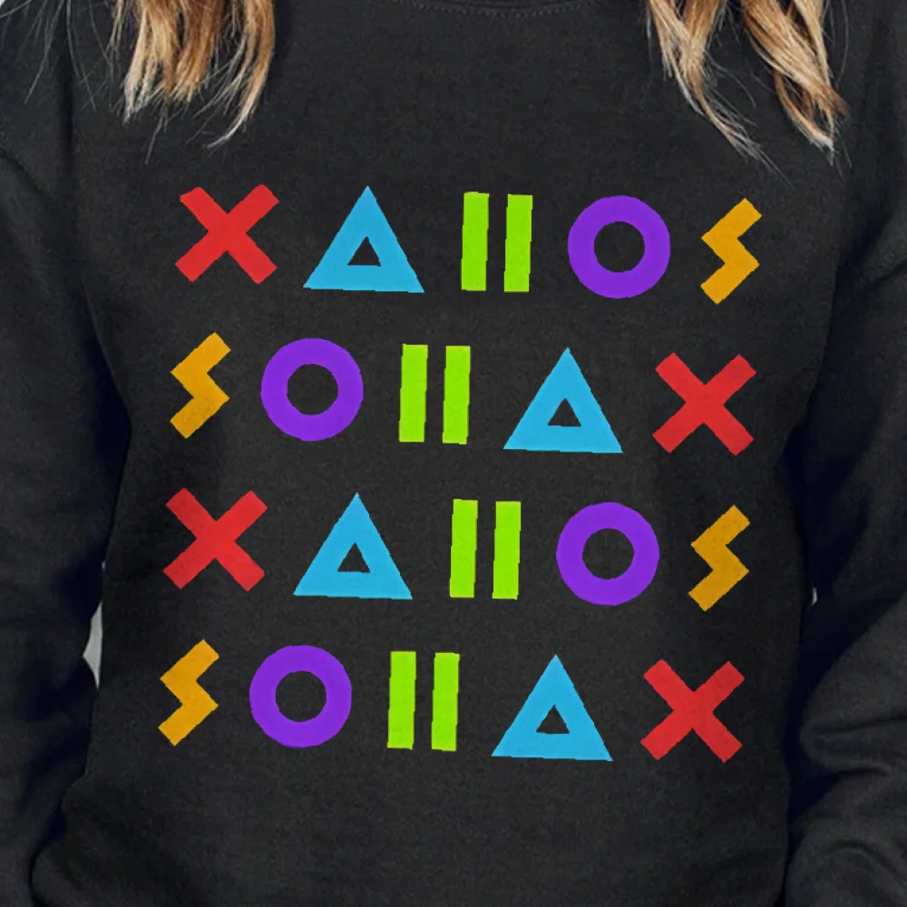 

Толстовка с красочными символами, игривый узор, дизайн, осень-зима, повседневные свободные топы с длинными рукавами, стильные тематические модные тканевые топы