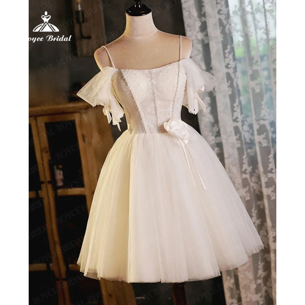 Pearls Short Wedding Dresses 2023 Ball Gown Puffy Cap Sleeves Tulle Boat Neck Special Occasion Party Bride Gowns Women Bridal