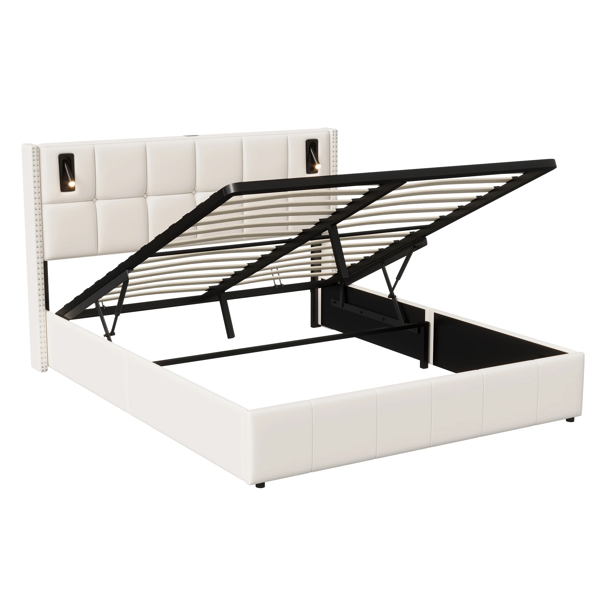 Bed 140 x 200 cm, tweepersoonsbedframe met hydraulische opbergruimte, uitgerust met LED-leeslampjes, fluwelen bekleding, beige