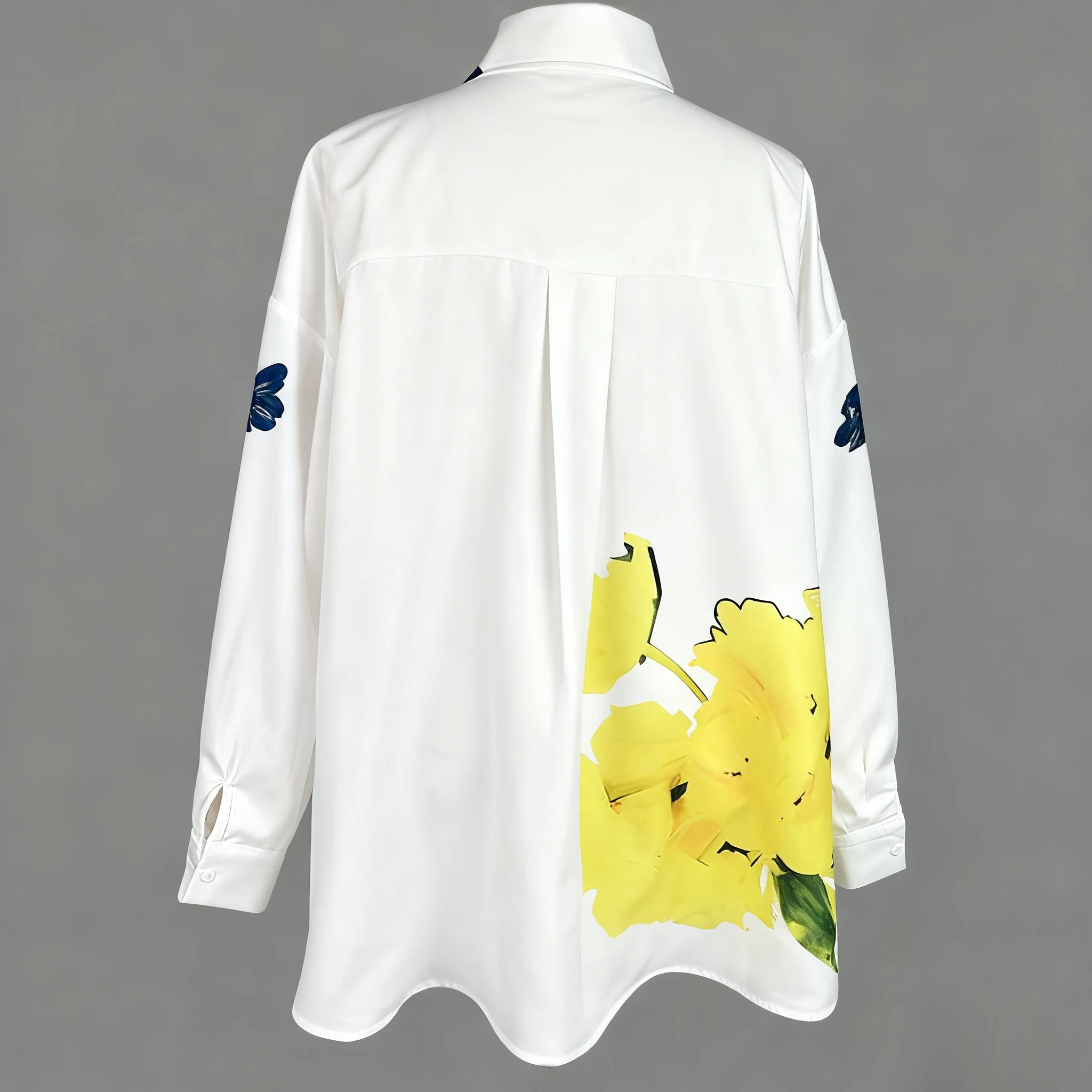 Mulheres blusas soltas brancas camisa 2025 primavera outono alta-baixa mangas compridas impressão bolsos oversize namorados laple topos feminino