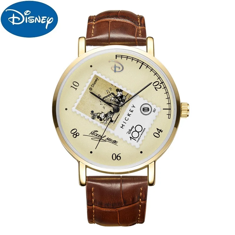 Imagem -02 - Disney Mickey Mouse Masculino Relógio de Pulso Quartzo Casual 100th Aniversário dos Desenhos Animados Carimbo Data Exibição à Prova Impermeável Água Noctilucent Menino Relógio