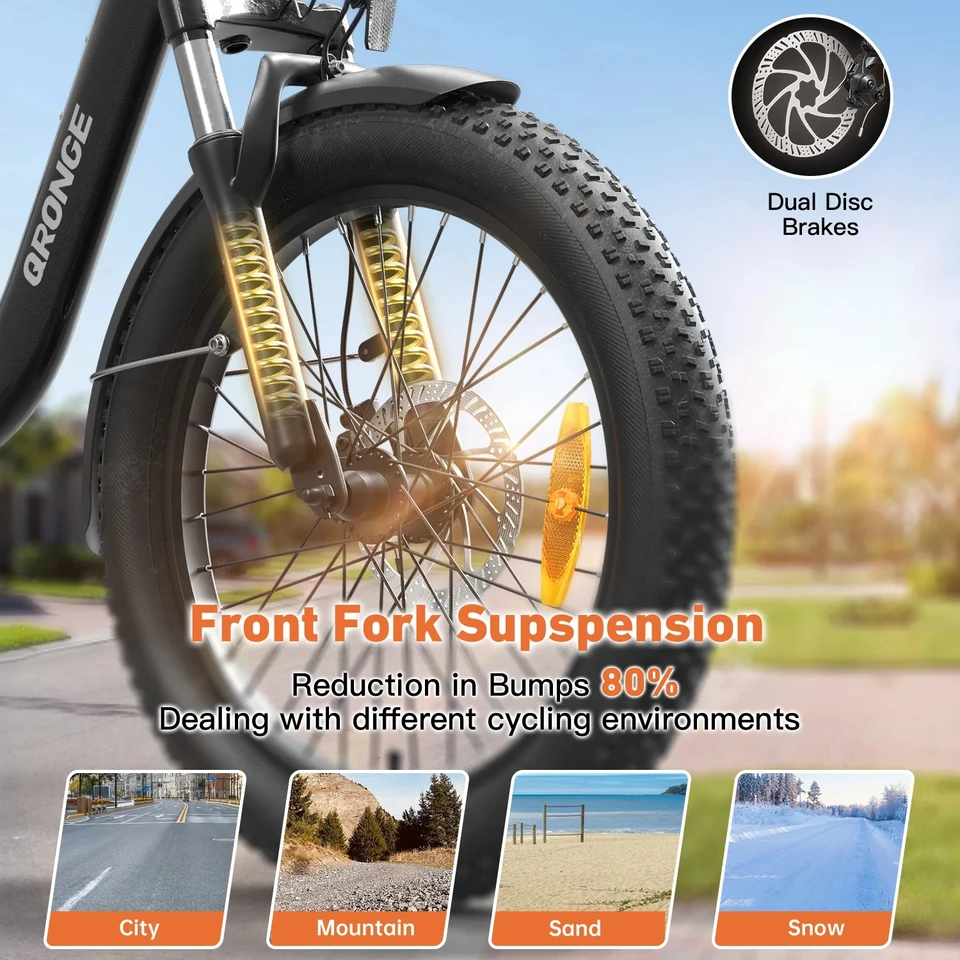 QRONGE Mirage Electric Bike 1000W Peak Folding Electric Bicycle 486Wh 70 Miles Range Ebike 7 Speed 25 MPH Max 20" Step-Thru Bicycle With Front Basket Waterproof Removable Battery image 10
