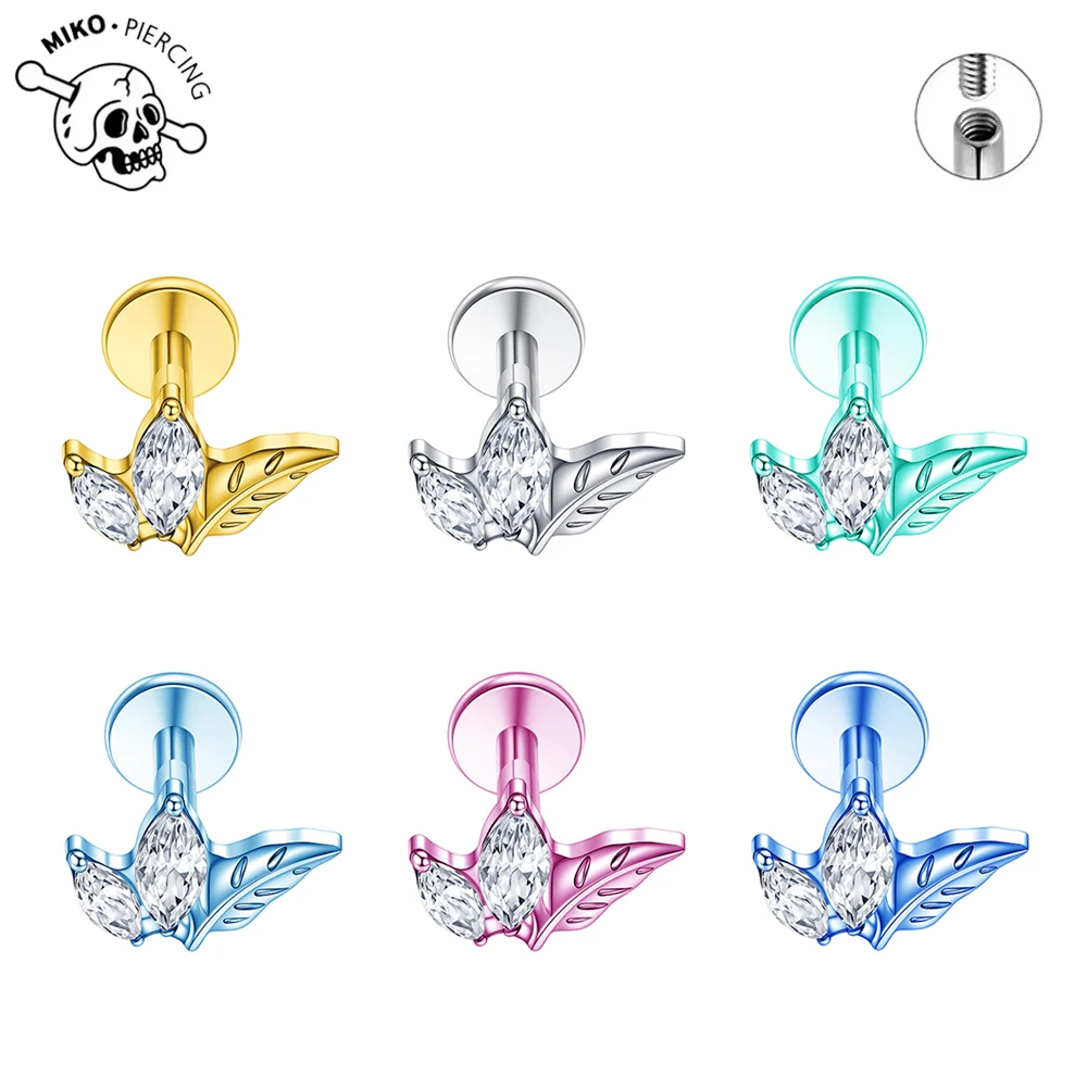 ASTM F136 Titanium Anodizing 7A Zircon Ear Bone Stud Inner Spiral Flat Bottom Row Stud Earrings Piercing Body Jewelry