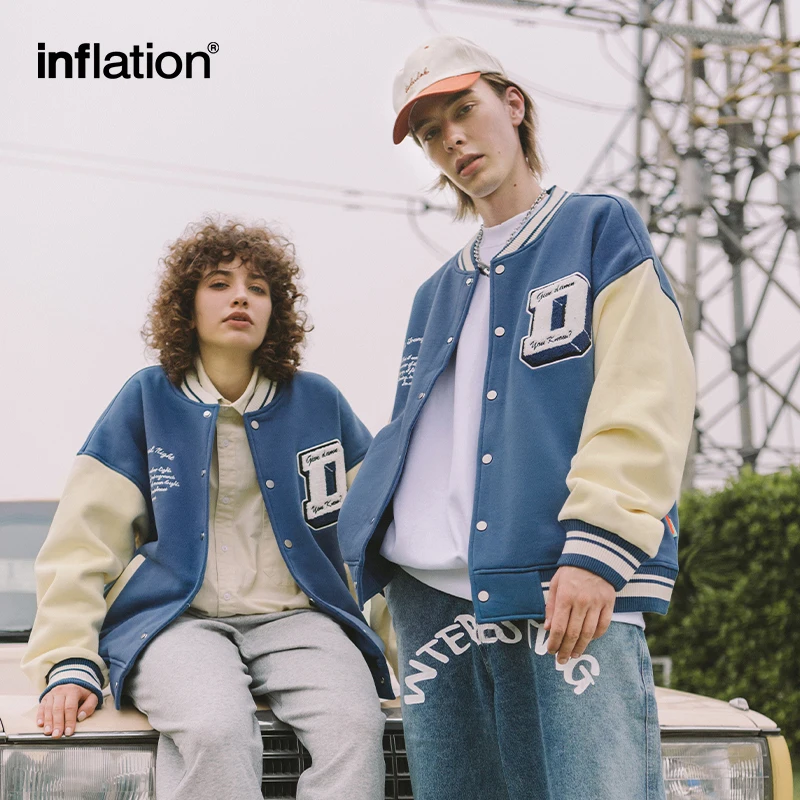 INFLATION Baseball Jacket Men UK Streetwear Color Block Vintage Baseball Coat Unisex Thick Fleece Bomber Jacket Men