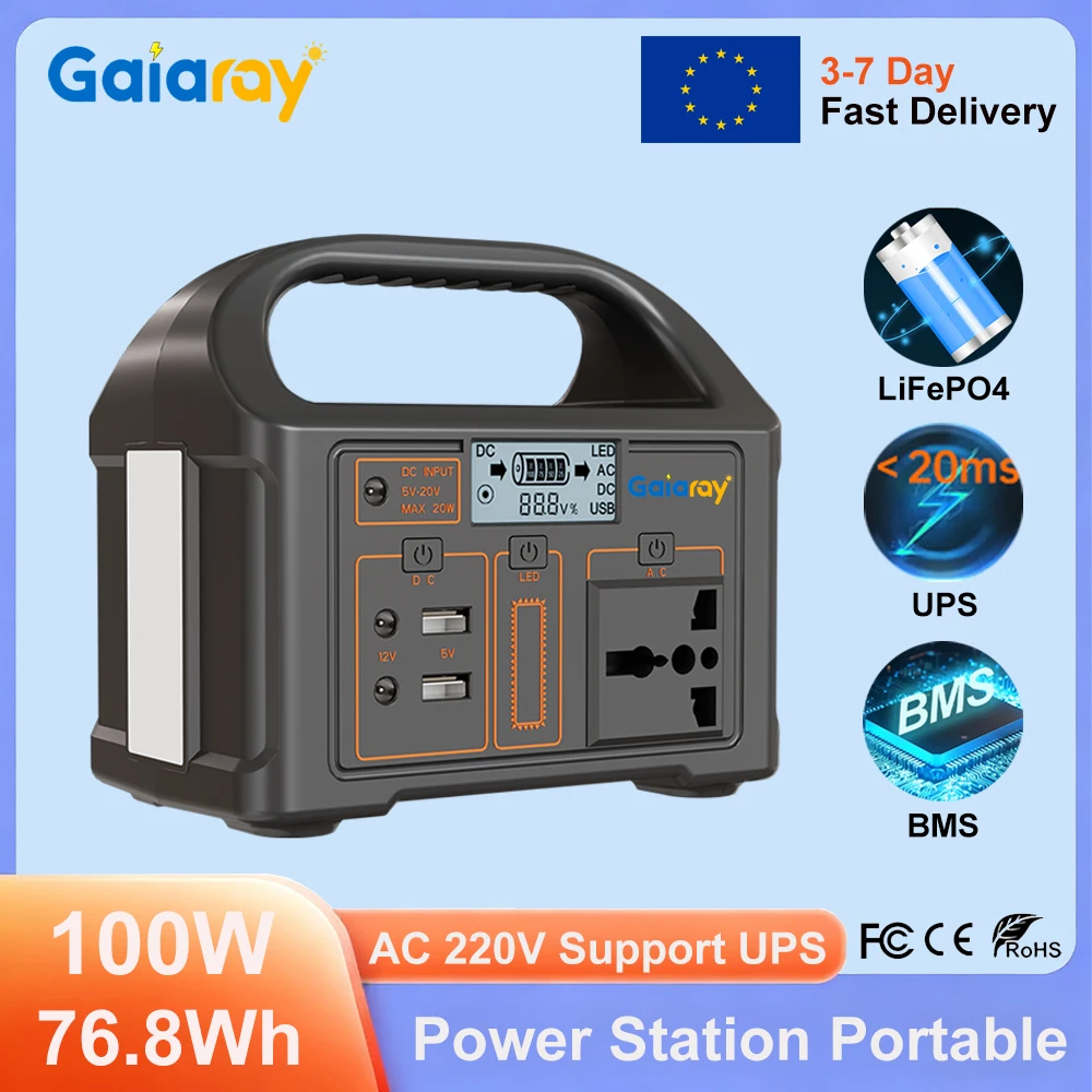 Gaiaray 100W centrale électrique Portable 76.8Wh LiFePO4 batterie Station de charge d'urgence UPS générateur solaire batterie externe pour le Camping