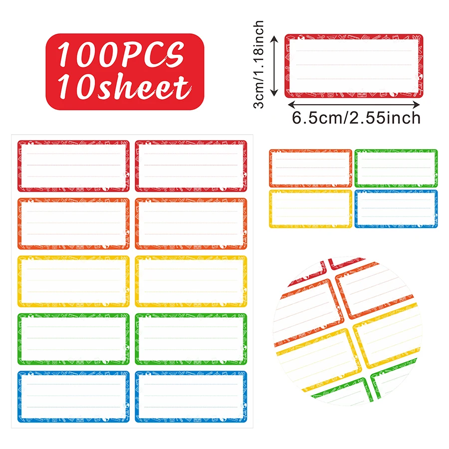 100PCS Colorful Name Tag Stickers – Writable Self-Adhesive Labels in 5 Bright Colors for School, Office, Home, Storage.