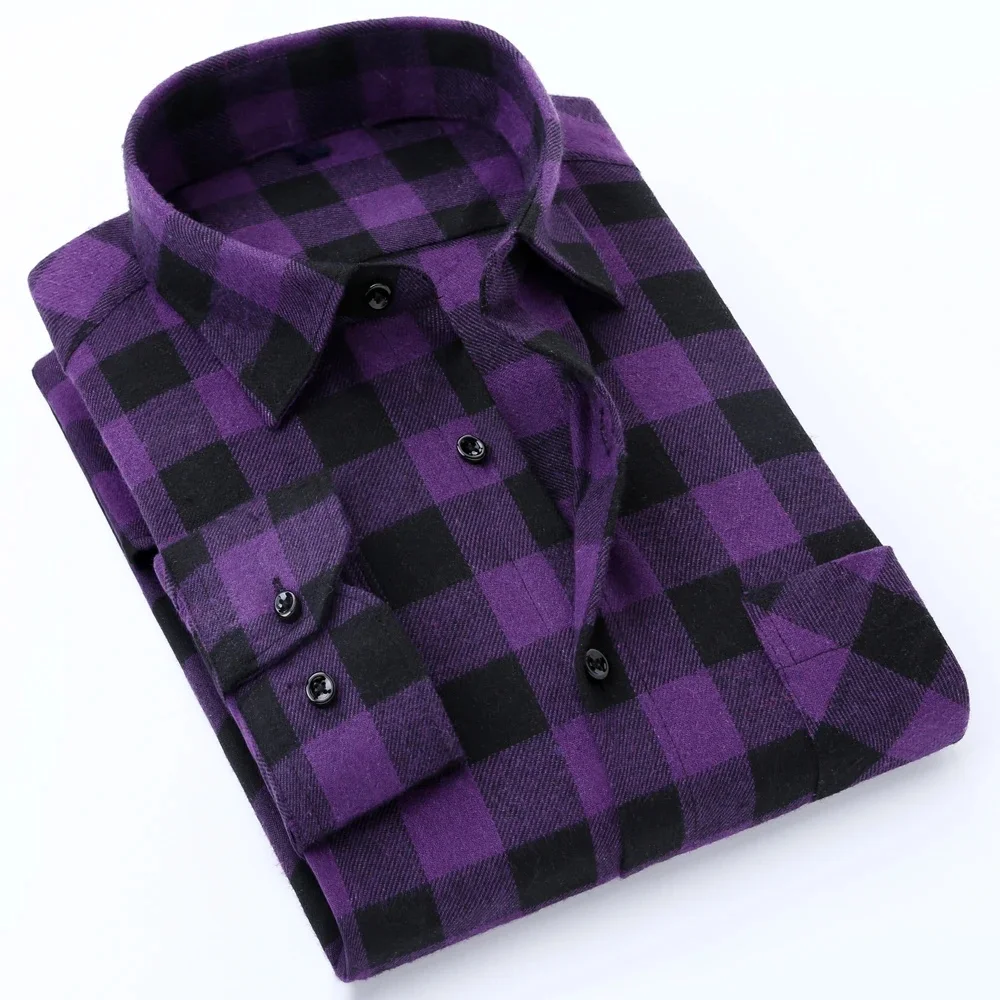 Chemise à carreaux contrastée en flanelle brossée pour hommes, coupe cintrée, décontractée, Patch unique, poche poitrine, chemises vichy confortables et douces à manches longues
