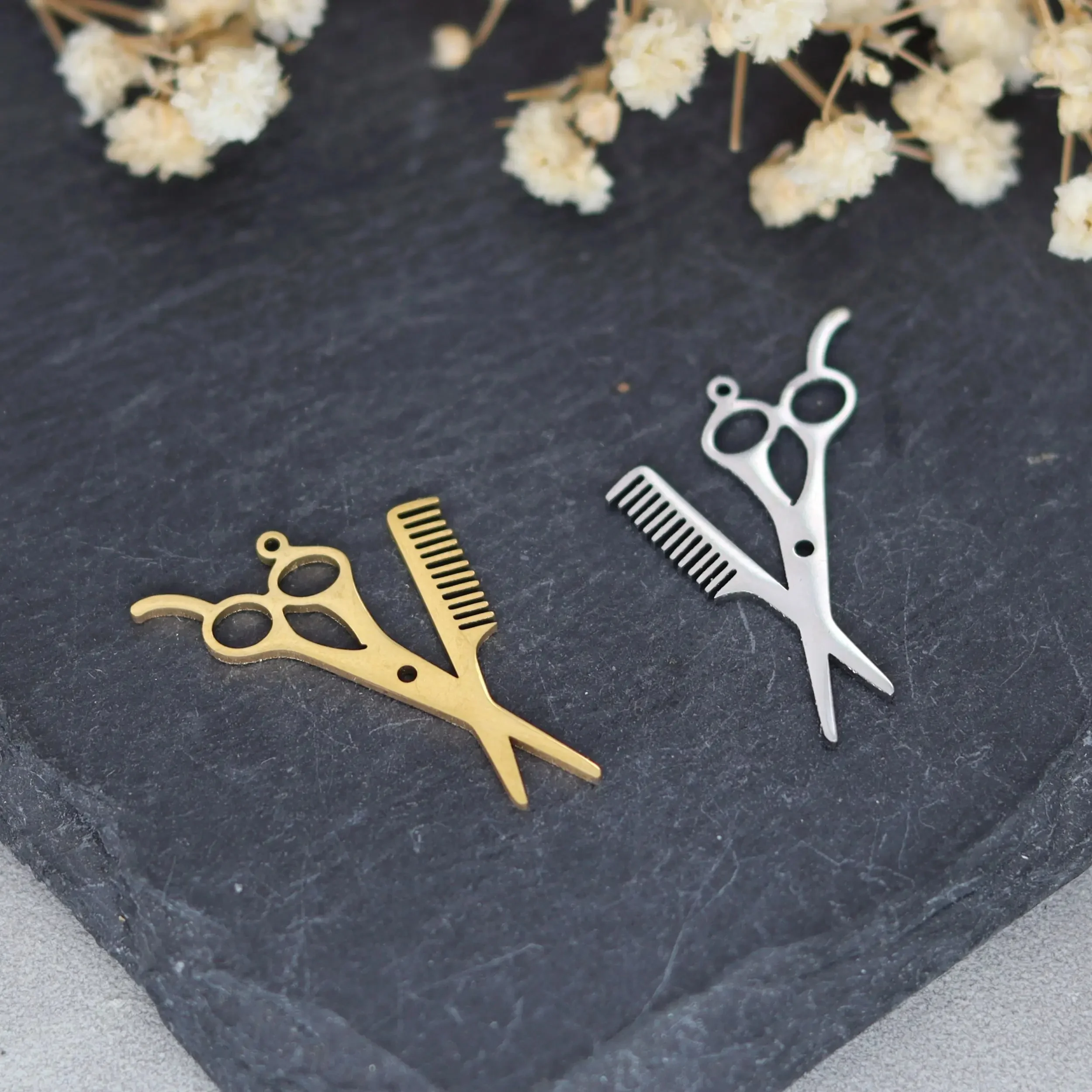 Outils de coupe de cheveux en métal, peigne à ciseaux, breloques pendentif en acier inoxydable pour la fabrication de bijoux, Bracelets artisanaux, porte-clés, accessoires de bricolage, 3 pièces