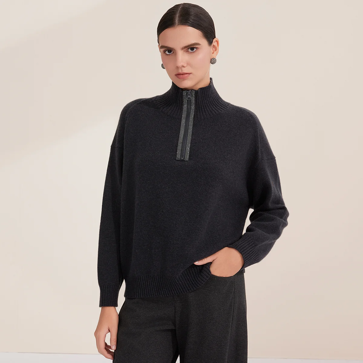 

BY4521305 Элегантный женский свитер из чистой шерсти с высоким воротником и полумолнией 7Gauge, зимний роскошный трикотаж, пуловер