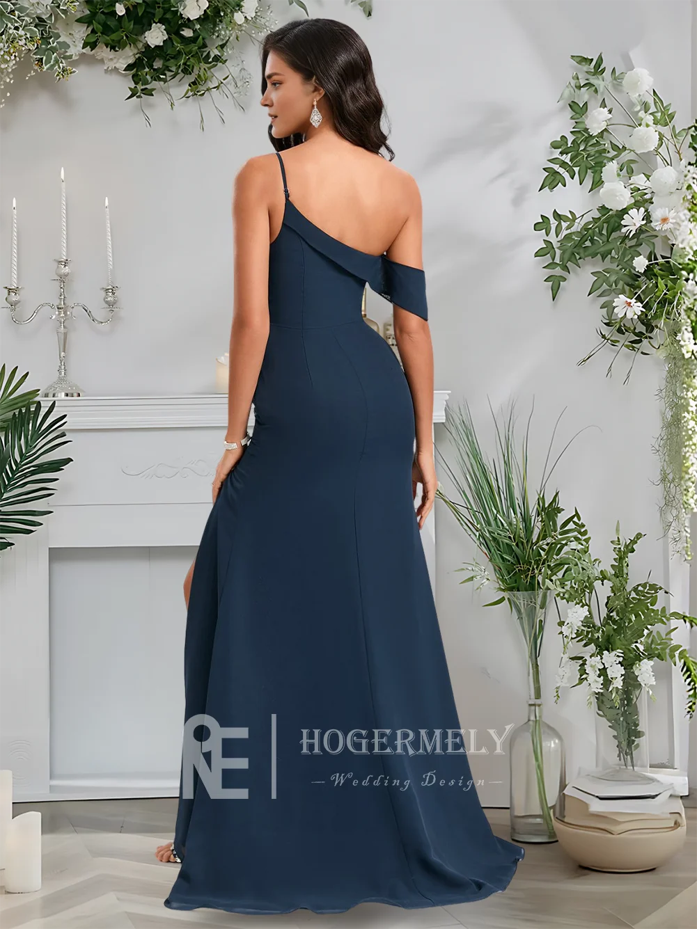 

B Dark Navy Trumpet Mermaid One Shoulder Sweep Train Chiffon Bridesmaid Dress With Ruffles Spaghetti Straps Wedding Guest