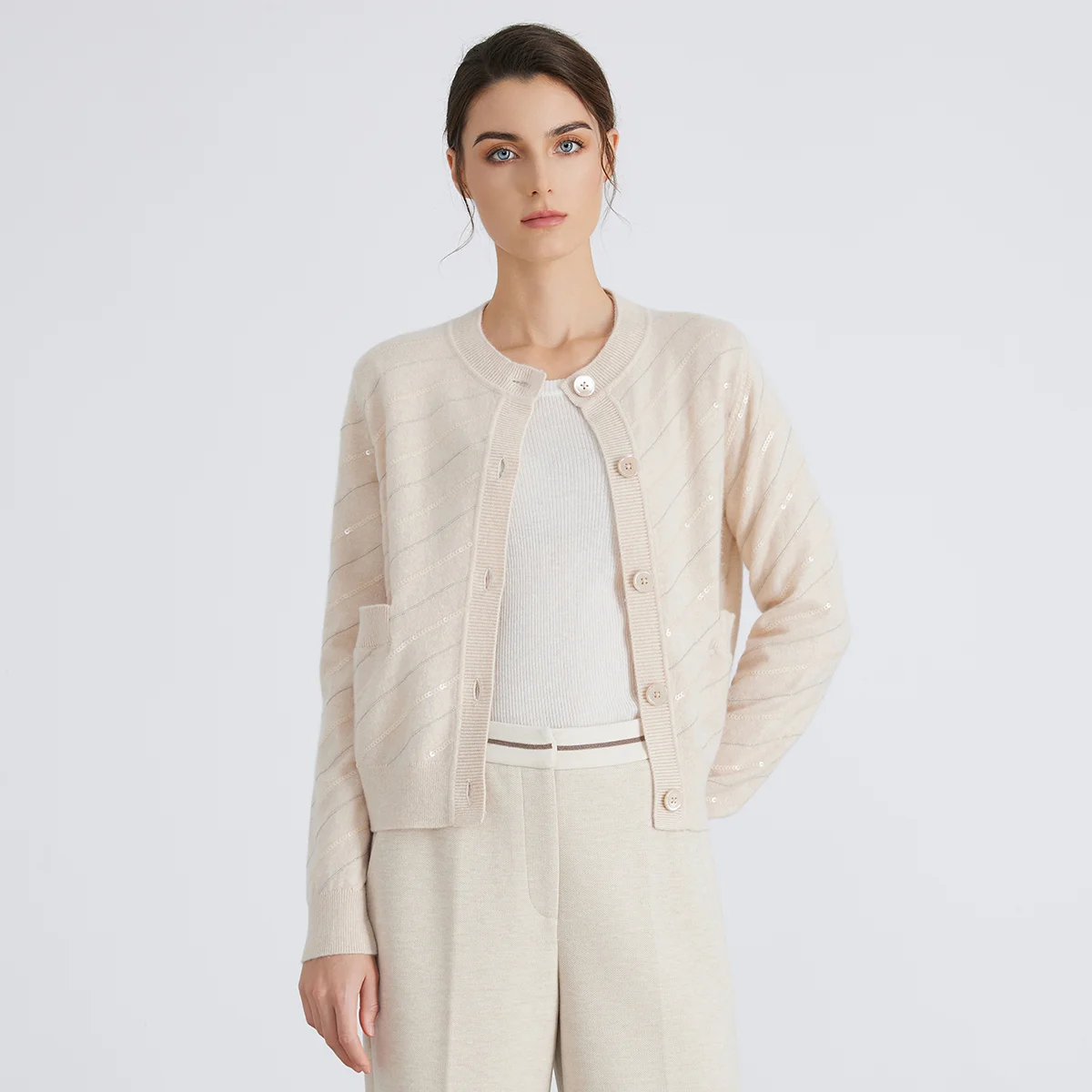 

BC881 100% кашемировый вязаный кардиган, мягкий свитер на 12 калибра для женщин с глянцевыми полосками, элегантная повседневная верхняя одежда