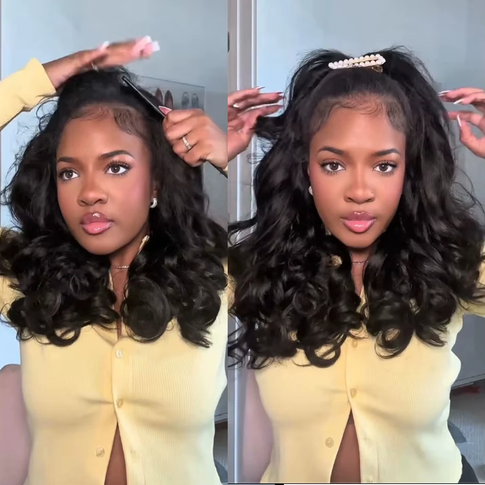 3 In 1 Half Body Wave Wigs Human Hair Wig Brazilian Wavy Half Wig Invisible Drawstring Flip Over Wig Beginner Friendly Machine Made