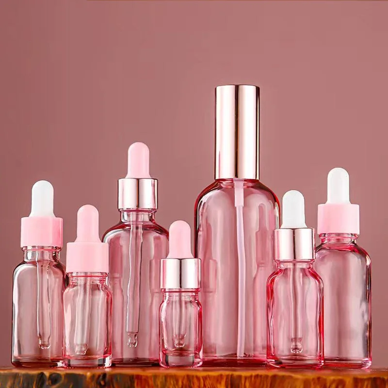 Bouteilles de parfum rechargeables 5ml-100ml, couvercle Rose, liquide d'aromathérapie en verre rose pour huile de Massage essentielle, Pipette, vaporisateur de brume