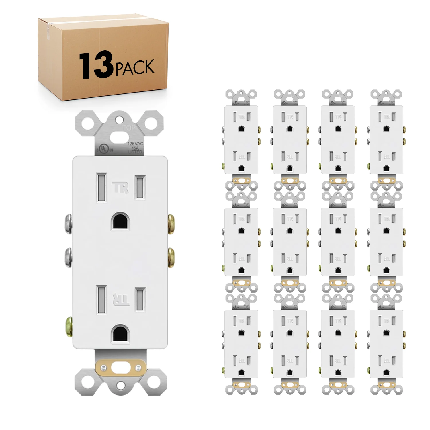 13 Pack 15A Decorator Receptacle Outlet, Standard Electrical Wall Tamper Resistant , 15Amp 125 Volt, Grounding