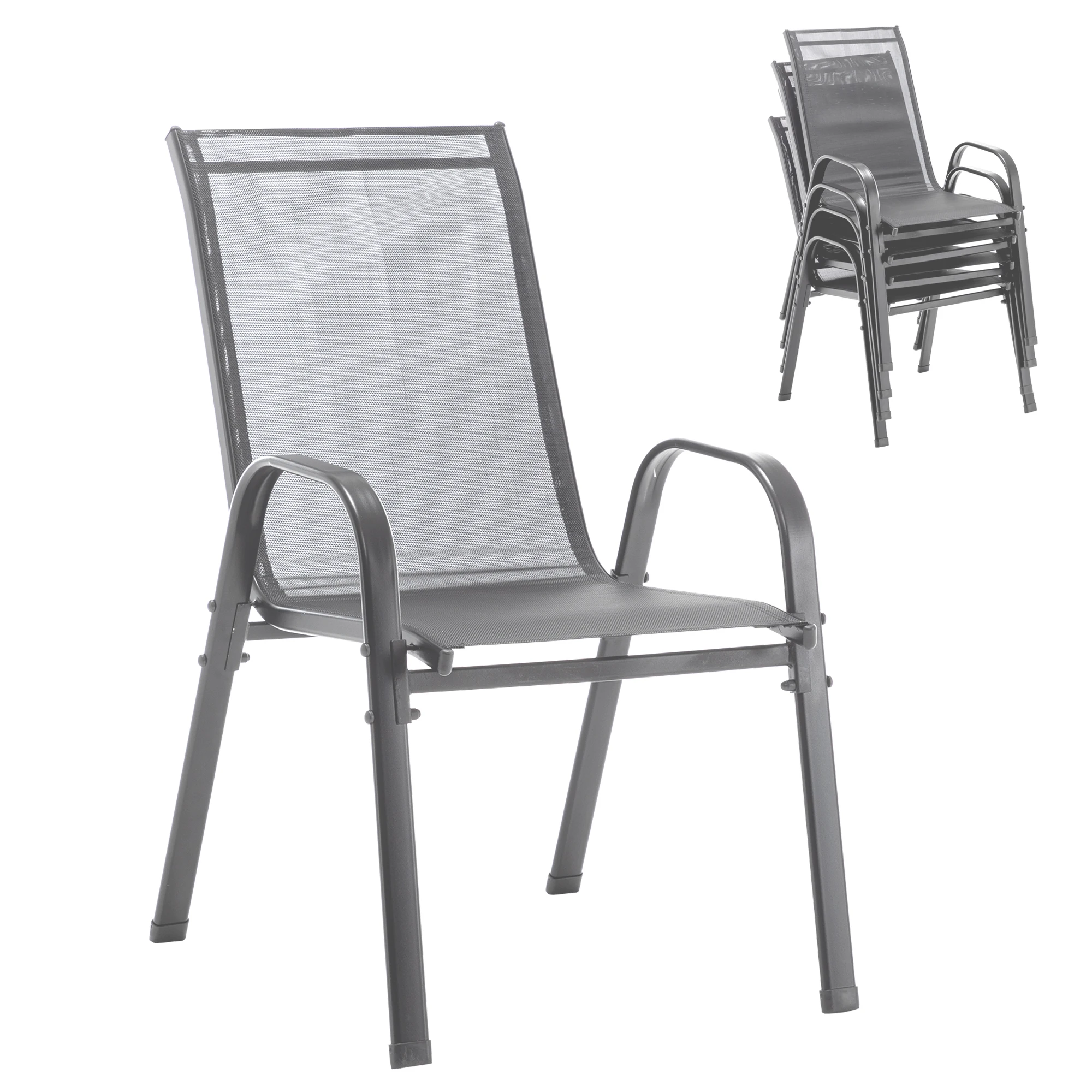 4 poltrone da giardino impilabili per esterno, braccioli e schienale, ergonomiche, tessuto Teslin, 160 kg, nero e grigio, per patio, balcone e giardino