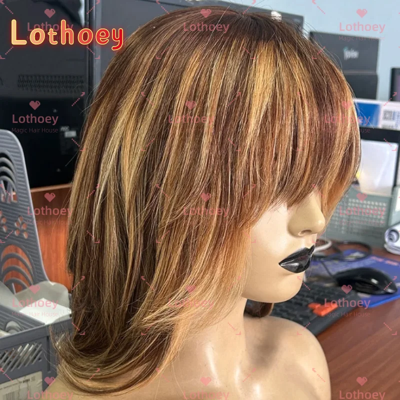 

Layered Bob with Bangs Brown with Blonde Highlights Human Hair Wig Remy Brazilian Scalp Top for Women