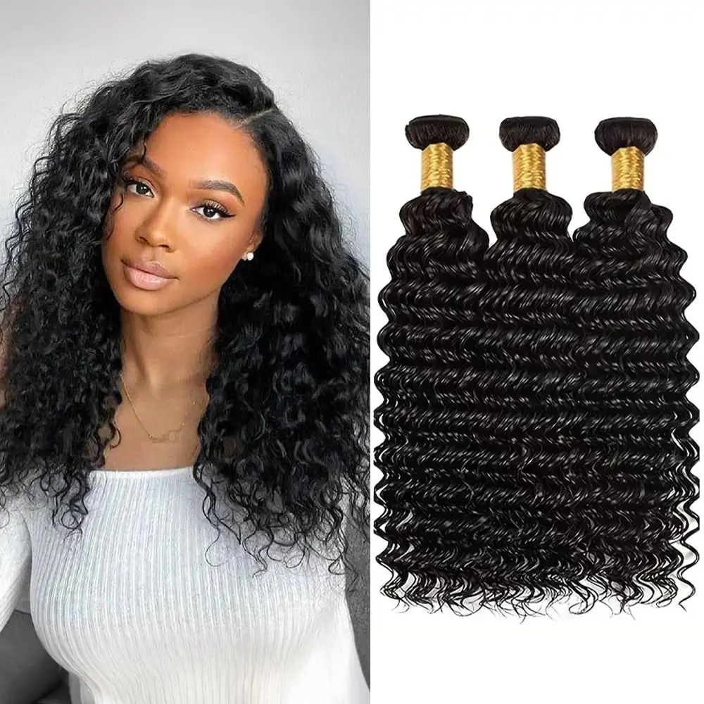 Extensiones de Cabello Humano Ondulado Profundo de 14, 16 y 18 Pulgadas, Cabello Humano Rizado | Extensiones de Cabello Virgen Brasileño 100% Sin Procesar para Mujeres, Paquetes de Cabello para