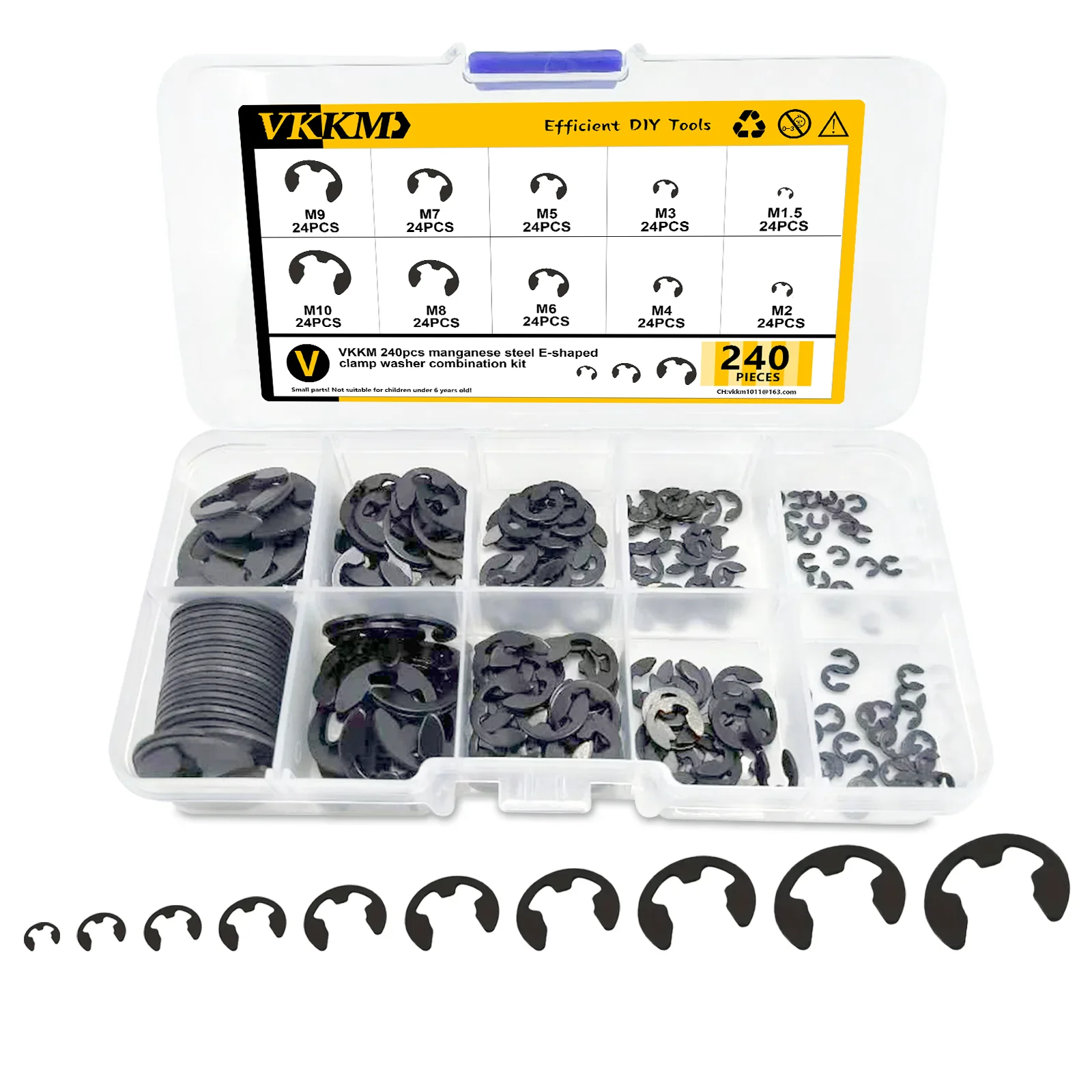 VKKM 240Pcs E-Clip Retaining Washer Assortment Kit, M1.5-M10 Manganese Steel Circlip Snap Retaining Rings for Shaft Fastening, Machinery, Auto, PC Hardware Repair
