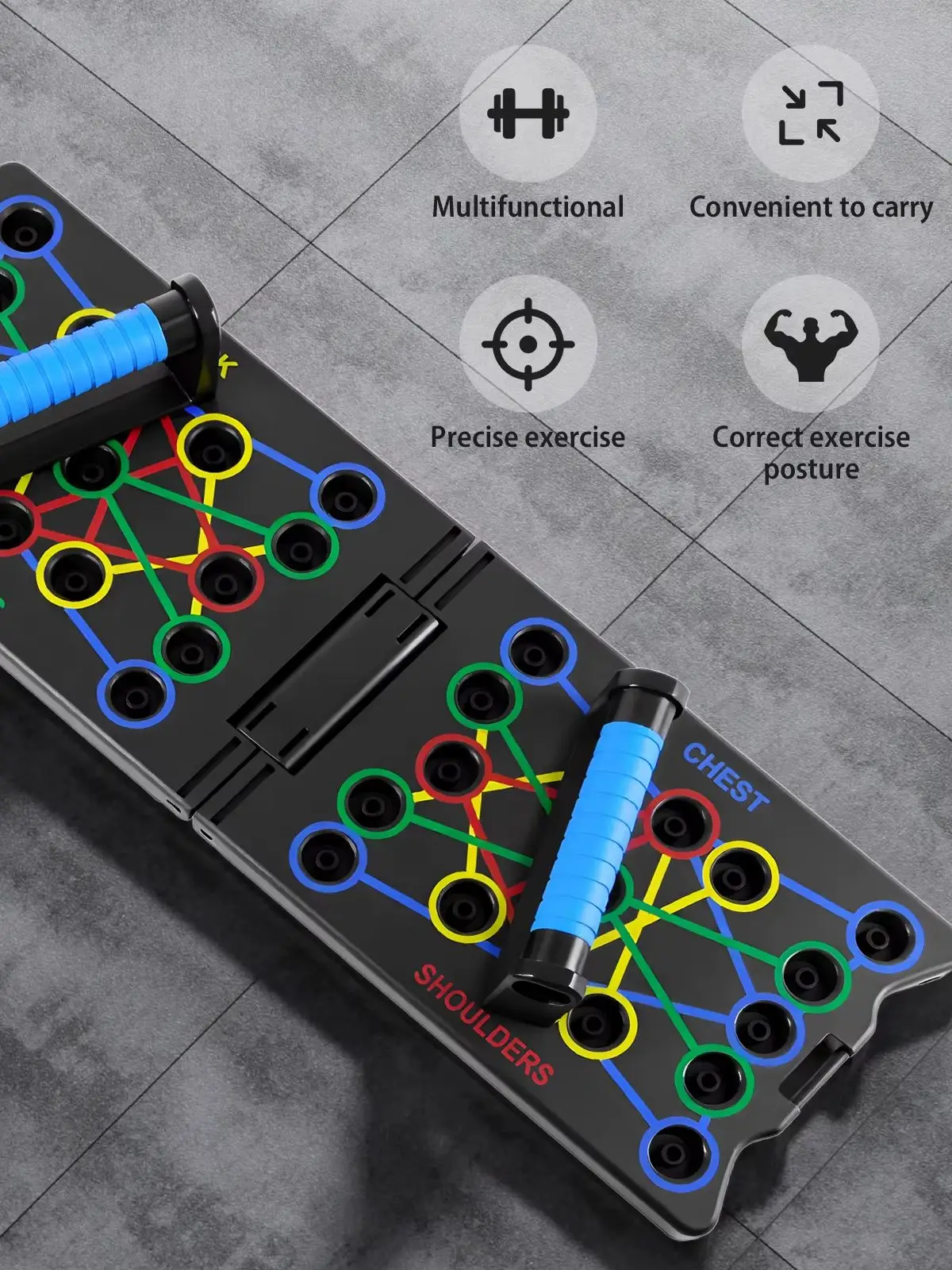 Faltbares Push-Up-Board-Set, multifunktionales Muskeltrainingsgerät mit Widerstandsbändern, Griffen und rutschfester Matte, Heim-Fitnessgerät für ein umfassendes Ganzkörpertraining.