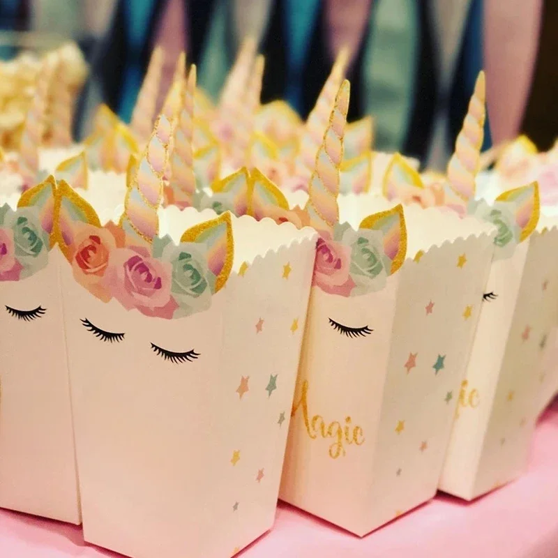 Fournitures de fête licorne, boîte à pop-corn en papier, boîte-cadeau de biscuits, sac pour enfants, thème licorne, décoration de fête d'anniversaire, fournitures de réception-cadeau pour bébé
