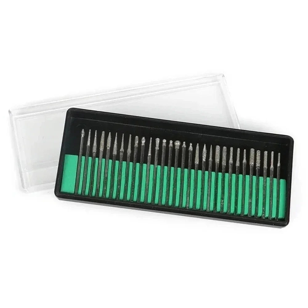 30pcs Shank Diamond Burs Set With Box For Dremel Electric Grinder Power Accessories Abrasive Drill Bit Rotary Tool Set 3mm