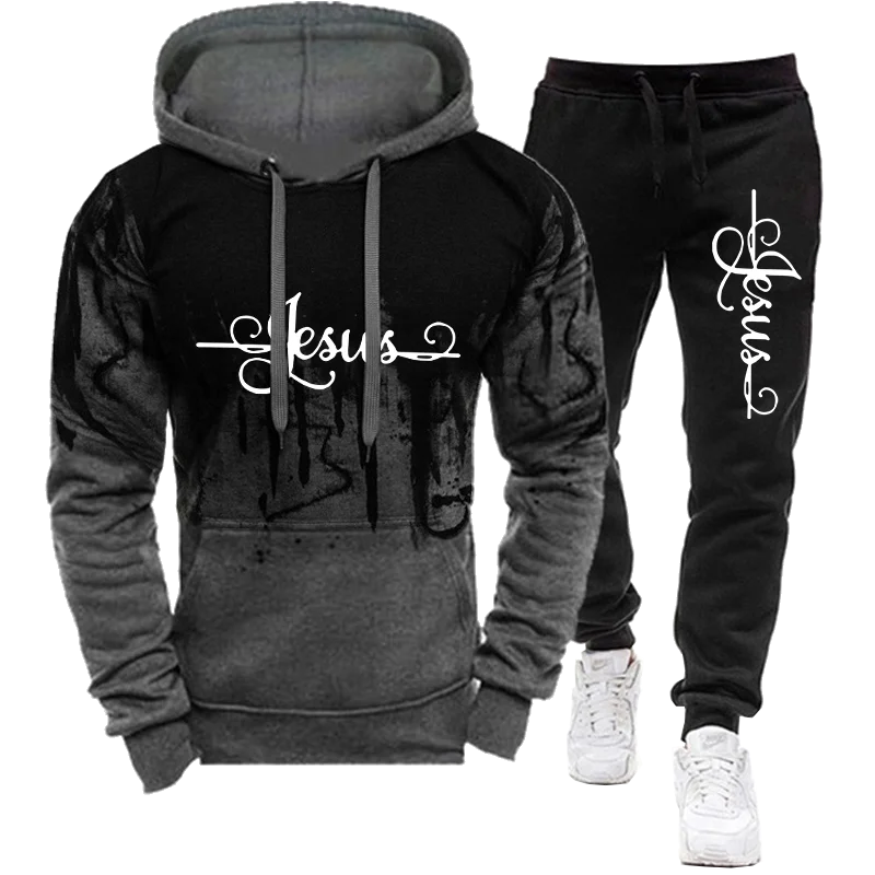 Mens Fashion Jesus Printed Winter Tracksuit Sweatshirts+Sweatpants Casual Sport Suits Man Hoodies Trousers Outfit Athleti Sets