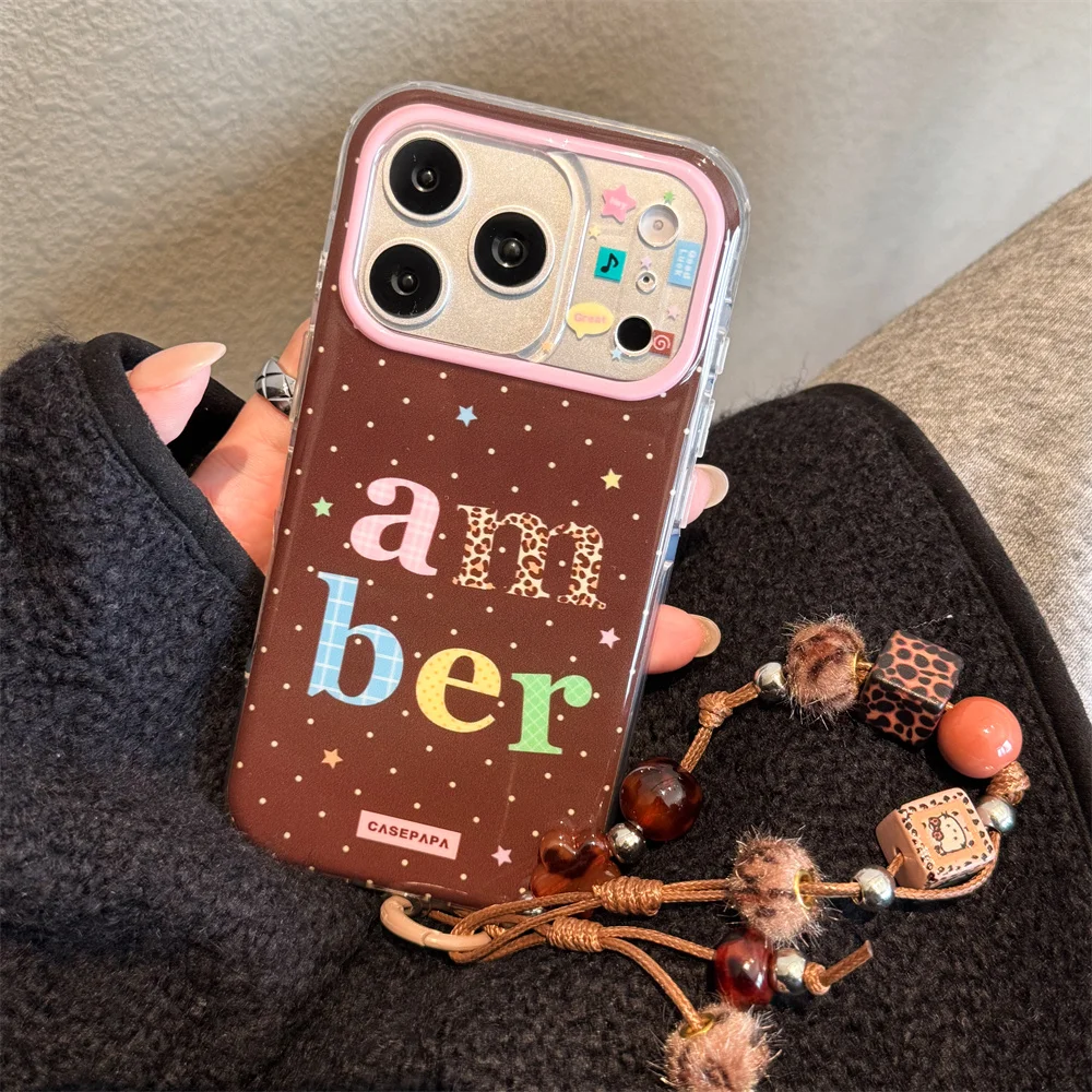 

New Year's cute brown bottom polka dot English with hanging rope suitable for iPhone 17 Pro Max15/16 14/13 Pro Max anti fall set