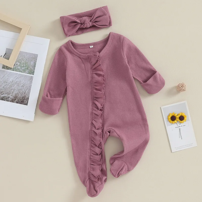 RUEWEY Newborn Baby Girl Boy Clothes Spring Autumn Romper Solid Color Ruffles Jumpsuit for Kids Infant Baby Items Clothing