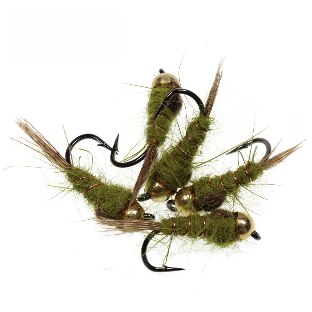Bimoo 10 pièces classiques # 14 perles en laiton pondérées oreille de lièvre mouche truite pêche humide/nymphe mouche leurre appât gris Olive
