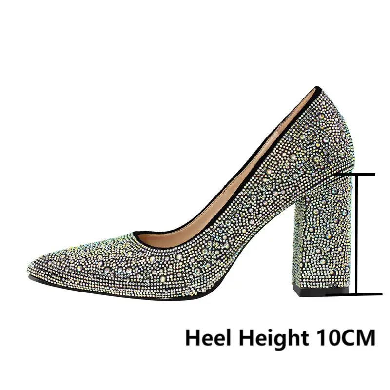 Onlymaker Woman Pointed Toe Rhinestone Chunky Heel Pumps Slip On Thick Heel Wedding Office Dress Big Size Lady Heels