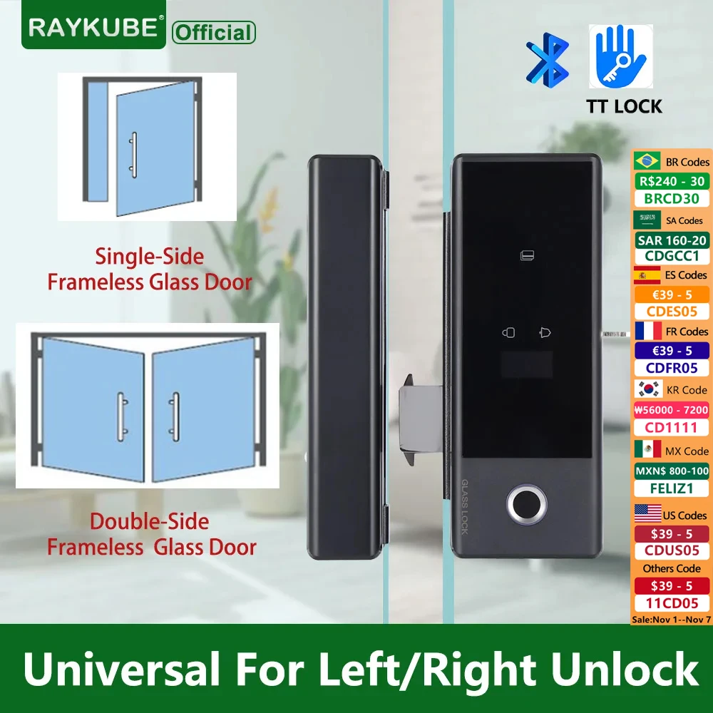 

RAYKUBE GS1 TT Lock Smart Glass Lock For Glass Door Biometric Fingerprint Electronic Digital Lock Drilling free for Office/Home