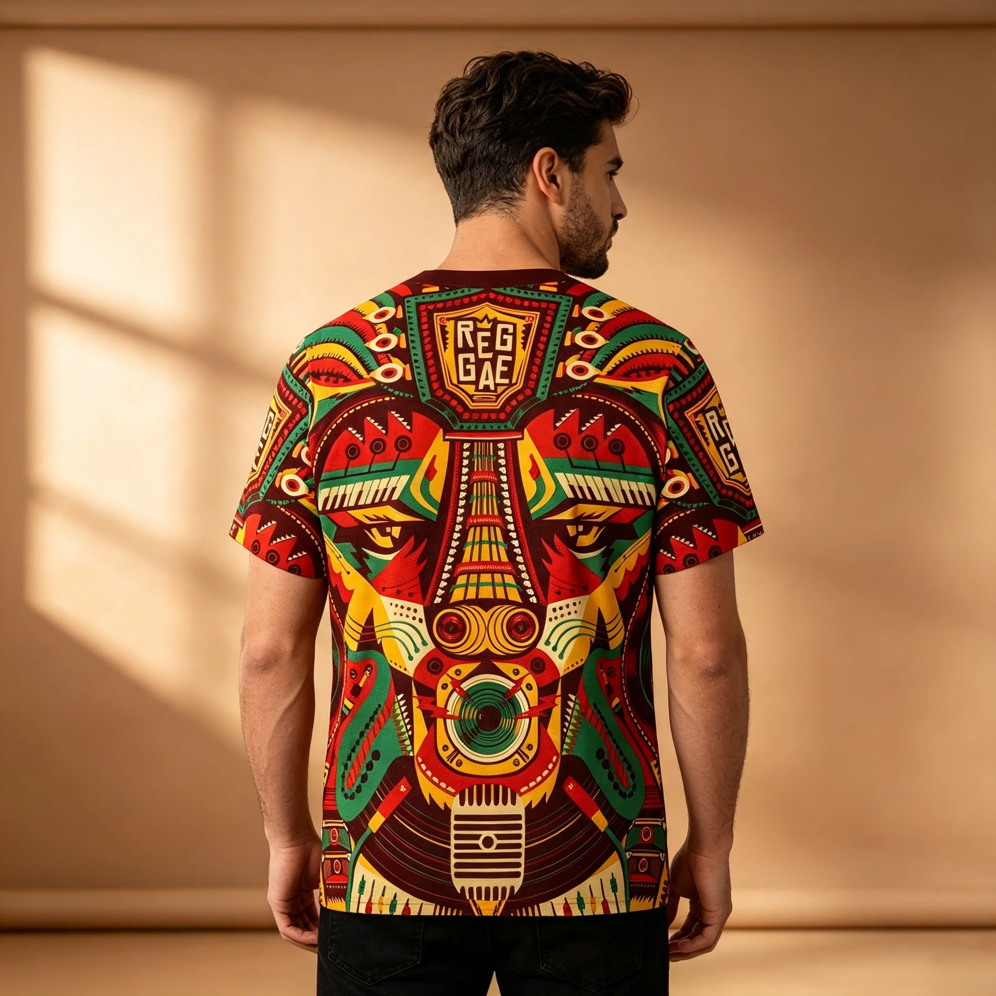 African Tribal Totem Graphic T-shirt Men Rasta Reggae Music Guitar Mic All Over Print Short Sleeve Tee Ethnic Casual Street Tops