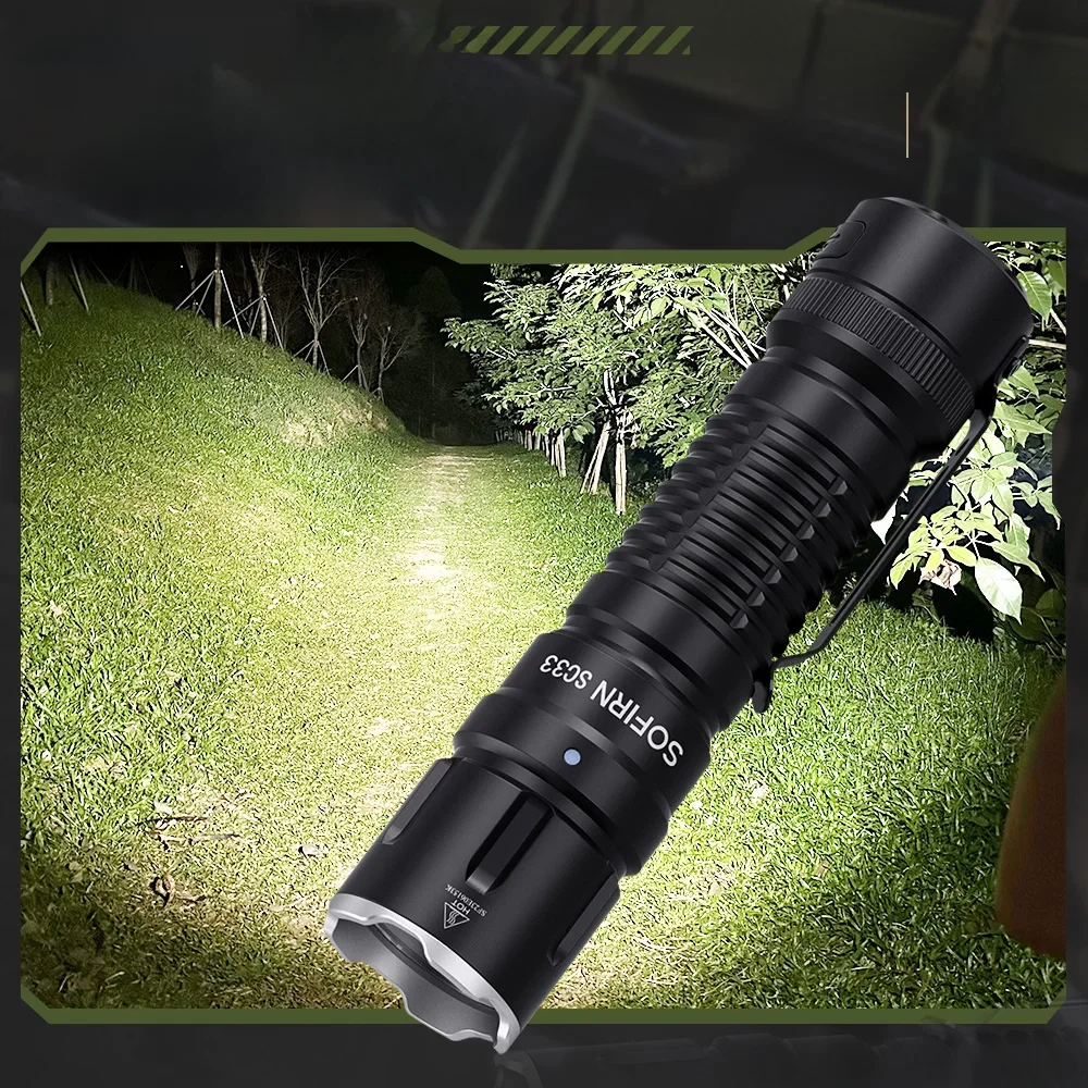 Lampe torche tactique LED SOFIRN SC33 XHP70.3 HI 5200lm puissante, rechargeable par Type C, interrupteur électronique, lumière extérieure