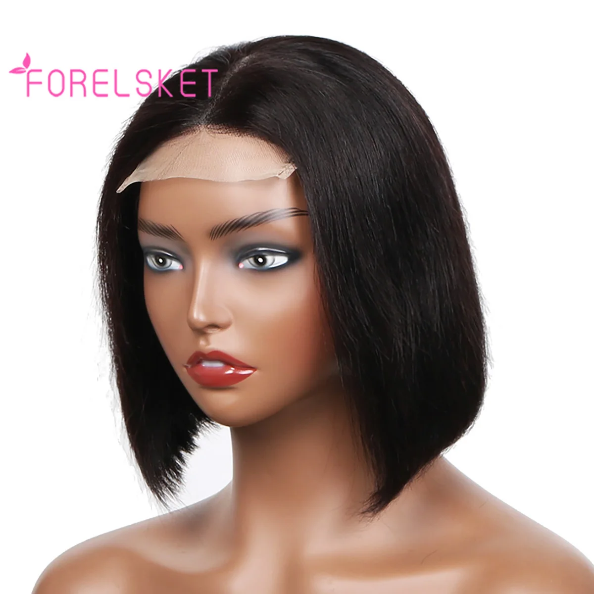 Perruque Bob Lace Front Wig sans colle naturelle lisse, cheveux courts, 4x4, pre-plucked, pour femmes