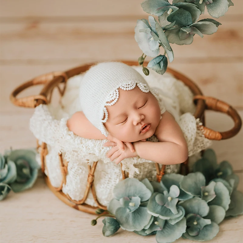 Kd Newborn Photography Prop Handmade Knitted Beads Edge Bonnet Collapsible Background Bamboo-Woven Basket Baby Photo Accessories