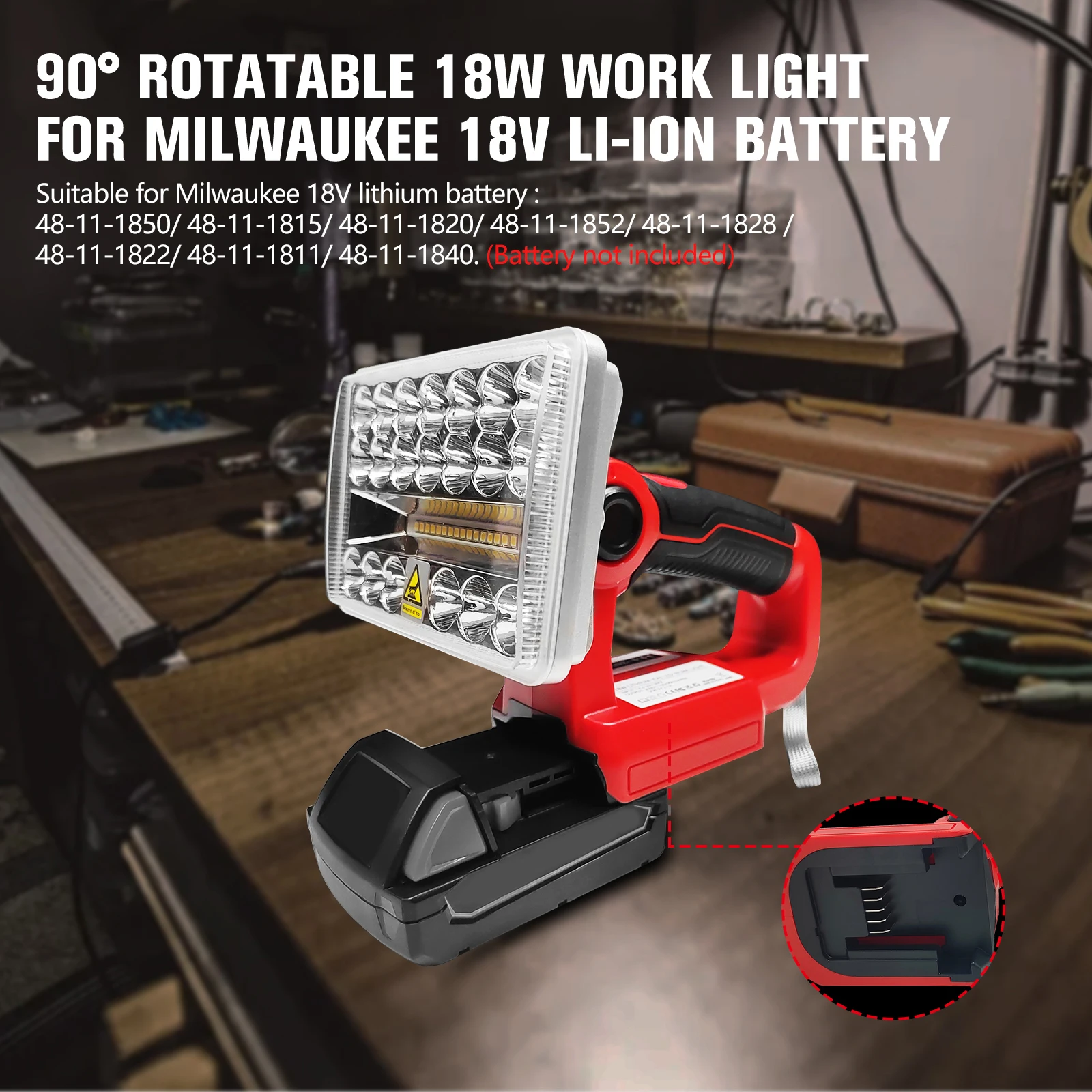 Luz de trabalho LED sem fio de 18W 2000LM para Milwaukee 18V Bateria 3 níveis de luz de inundação LED ajustável Lanterna externa (sem bateria)