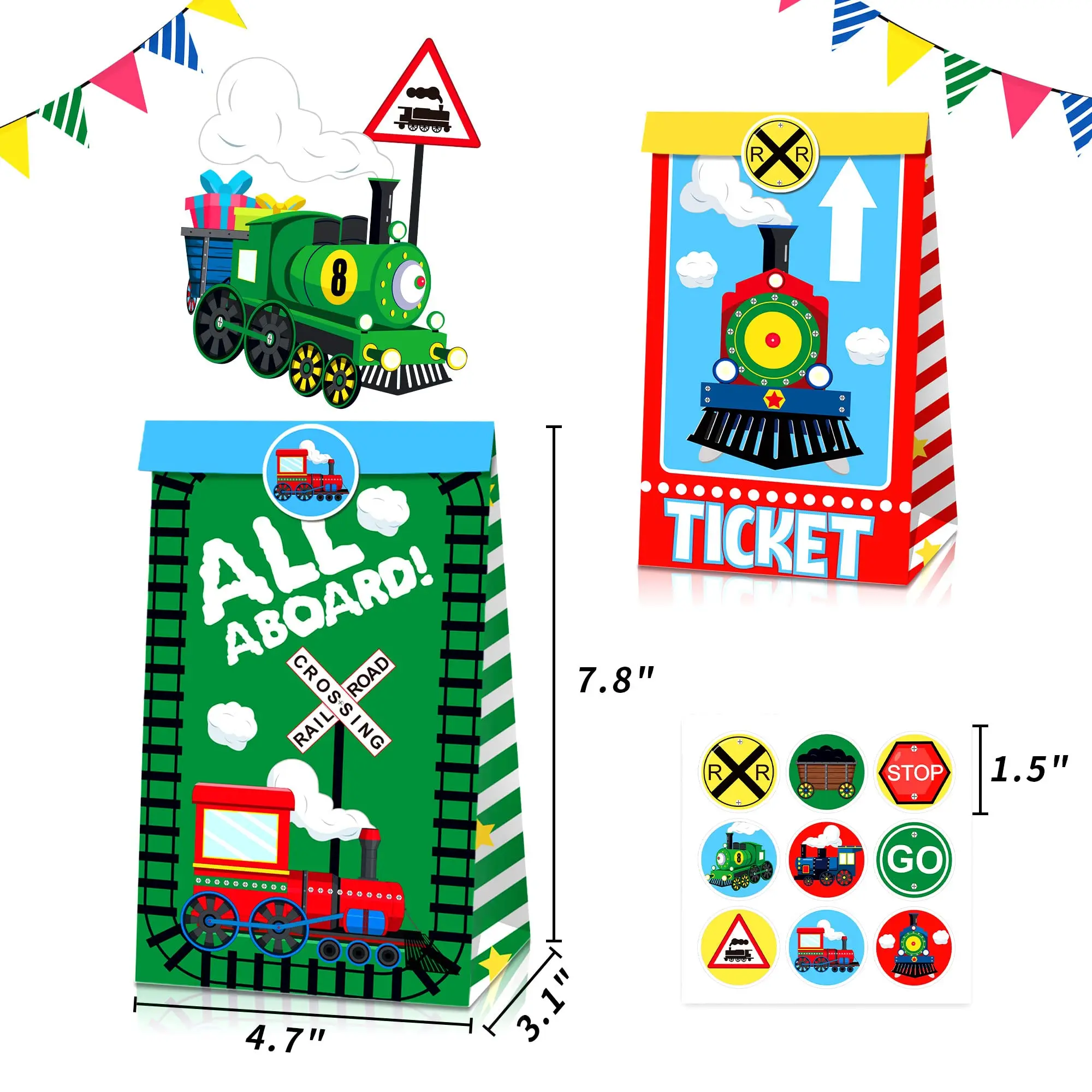 Cute Train Birthday Gift Bags for Kids Party Supplies Railway Rail Transportation Theme Party Treat Goody Bag with Stickers