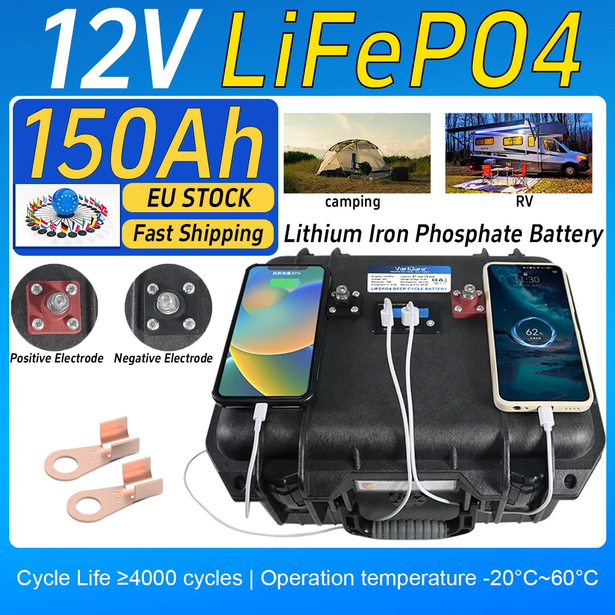 Batterie portable VariCore 12V/12.8V 150Ah LiFePO4 au phosphate de fer et de lithium + chargeur 14.6V 10A, BMS intégré, batterie grande capacité à longue durée de vie, pour camping, camping-car, énergie solaire, vente en gros sans taxes UE