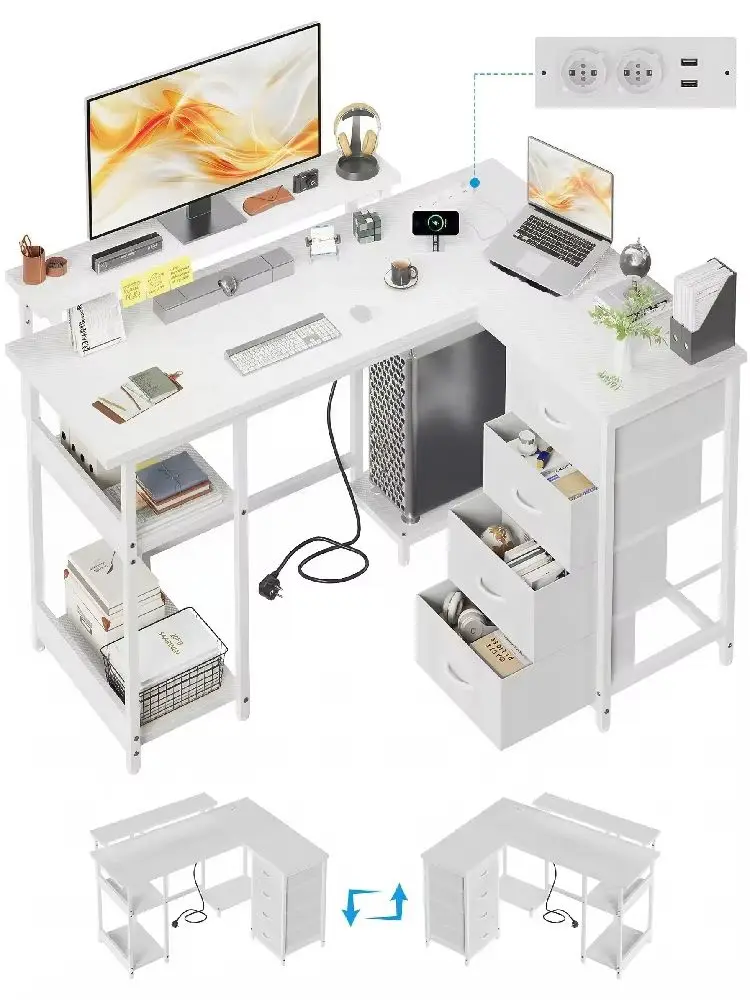 Devoko Gaming bureau L-vormig met LED, 2 stopcontacten, 2 USB, 4 laden en omkeerbaar hoekontwerp - afbeelding 2