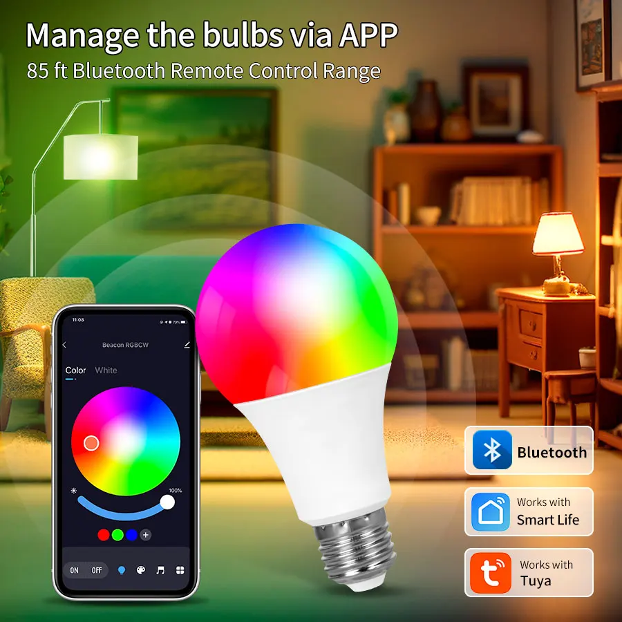 Tuya Bluetooth E27 LED Lamp APP Control Smart Bulb RGB 9W 220V 110V Light Bulbs Dimmable Smart Lamps For Home Room Decoration