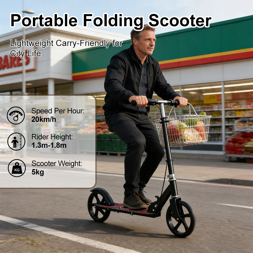 Foldable Commuter Scooter with Adjustable Handle Height Black Frame Rear Brake and Suspension for Kids Ages 6-12 And Adults