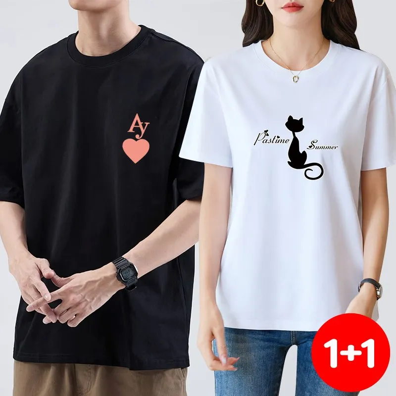 1 + 1 (set of 2) Loose cotton and half-sleeved T-shirt for men and women with heart cat TS2565