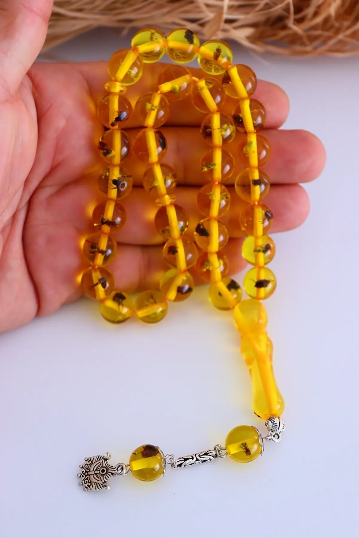 Imagem -02 - Tasbih-personalizado Grânulos de Oração Bonito Fóssil Âmbar Grânulos Formigas Reais Inseto Rosário 33 Pedra Artifier