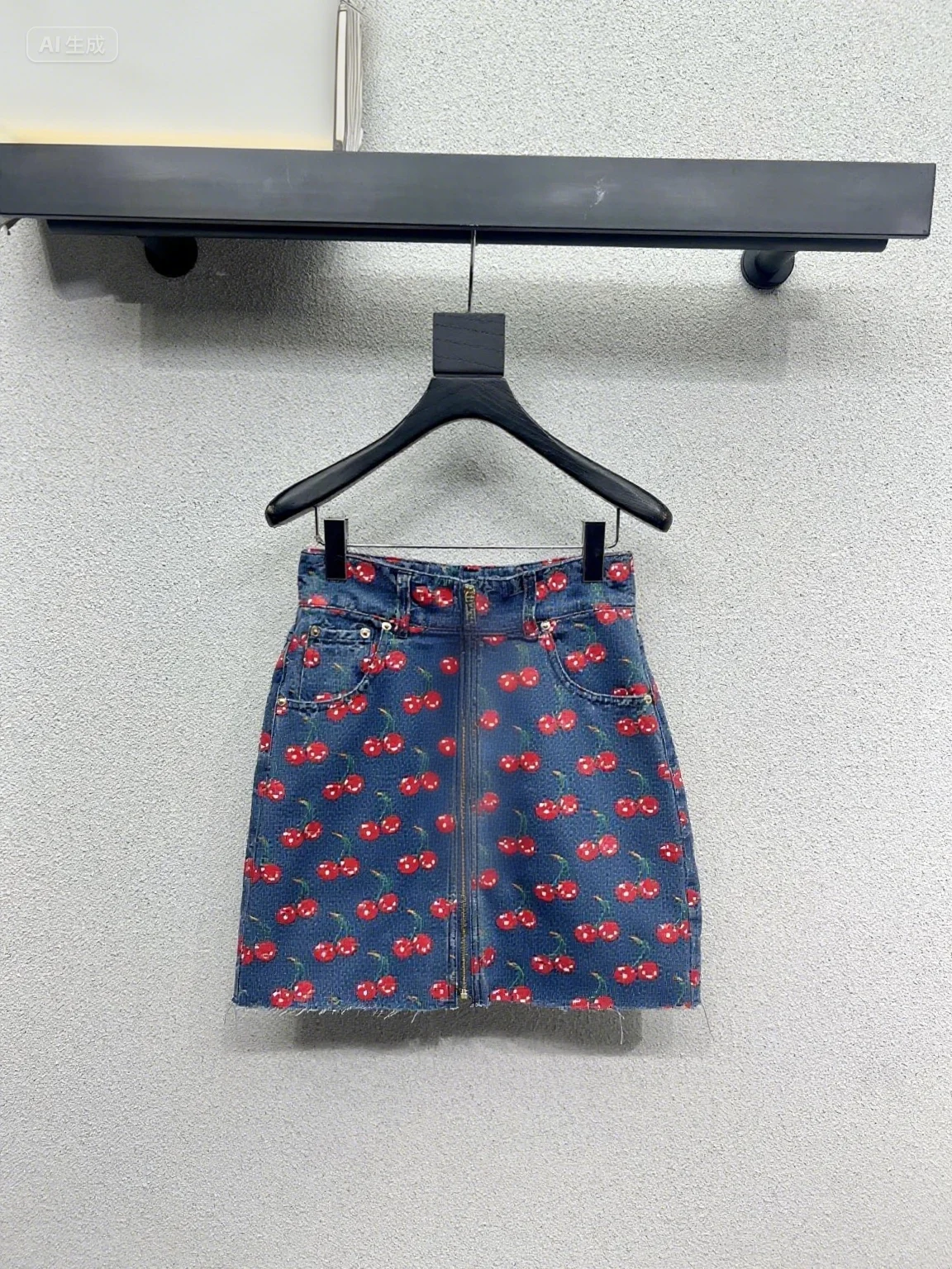 

Women's Cherry Print Denim Mini Skirt - High - Waisted Zip Front Jean Skirt with Frayed Hem, Cute Summer Casual Skirt